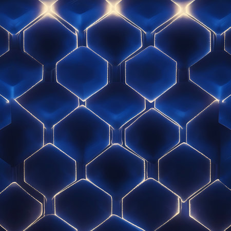 Stock showing blue hexagonal pattern with bright light edges. High resolution image suitable for commercial use.の素材