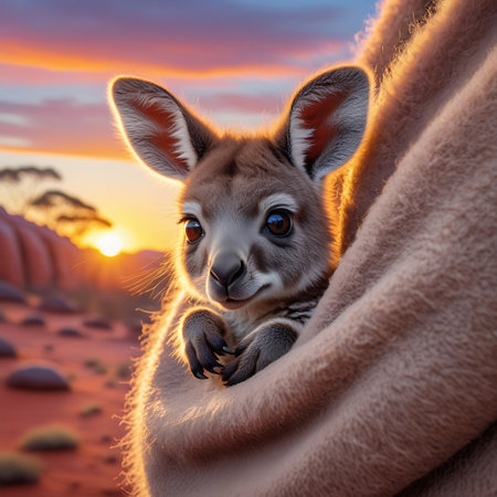 A close-up of a baby kangaroo joey nestled in its pouch, illuminated by the warm glow of an outback sunset.の素材