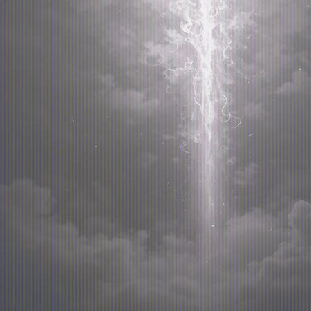 A close-up view of a bright, crackling energy beam descending through a cloudy sky, with glowing particles.の素材