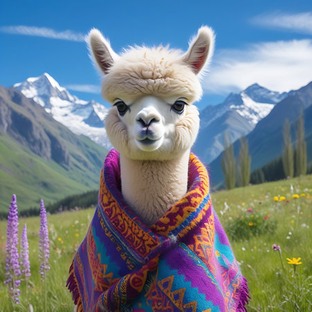 A close-up portrait of a cute, fluffy white alpaca wearing a vibrant, colorful woven blanket, set against a backdrop of green meadows and snowy mountains under a blue sky.の素材
