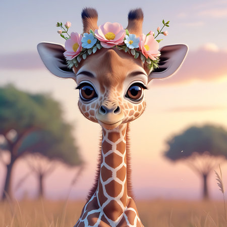 An incredibly cute baby giraffe with large eyes wears a delicate flower crown against a soft pastel savanna backdrop.の素材