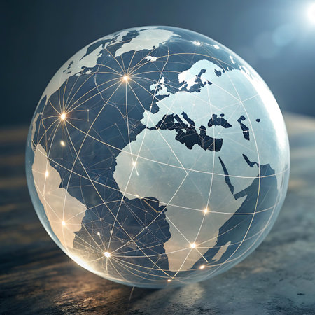 A detailed globe showing continents is overlaid with a glowing network of connections, resting on a textured, dark surface.の素材