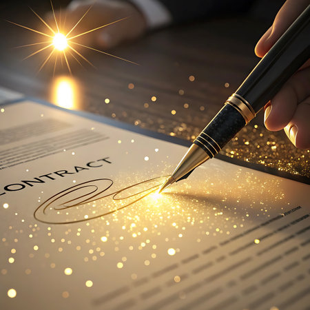 A close-up of a pen writing a signature on a document, highlighted with sparkling, glowing golden light.の素材