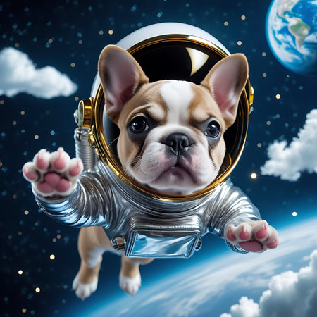 A French bulldog wearing an astronaut suit and helmet floats in space, with Earth and clouds visible in the background.の素材
