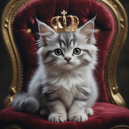 A fluffy grey and white kitten with large eyes sits regally on a plush red velvet chair, wearing a golden crown.の素材