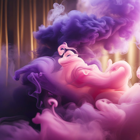 Intertwined plumes of purple and pink smoke drift against a backdrop of shimmering gold drapes, creating a mystical atmosphere.の素材