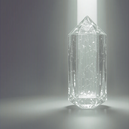 A tall, clear, faceted crystal object stands on a reflective surface, illuminated from within by streaks of bright white light.の素材