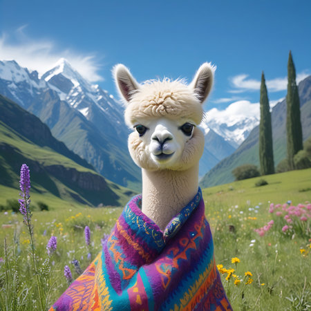 A friendly alpaca with a colorful woven blanket is pictured in a lush mountain meadow filled with wildflowers and distant peaks.の素材