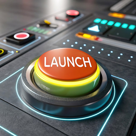 A close-up of a critical red 'LAUNCH' button set within a dark, industrial or control panel interface.の素材