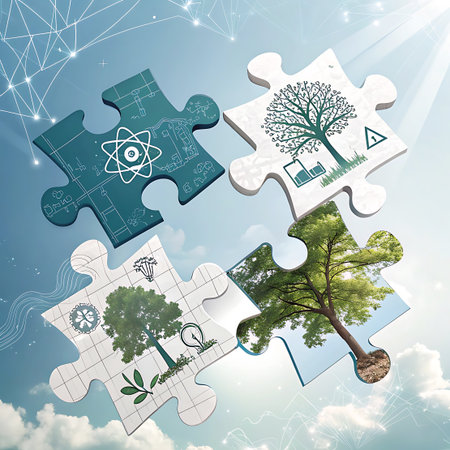 Four interconnected puzzle pieces depict a tree of knowledge, combining science, nature, and technology concepts.の素材