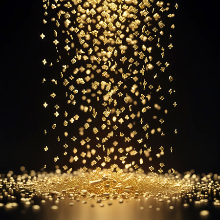Golden glitter shaped like four-petal flowers is falling from above and collecting into a pile on a dark, reflective surface.の素材