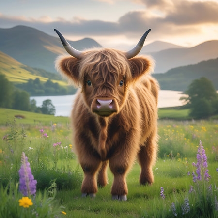 A shaggy brown Highland cow is centered in a vibrant green field dotted with purple and yellow wildflowers, with a scenic mountain backdrop.の素材