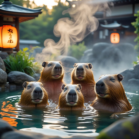A group of capybaras are enjoying a hot spring bath at sunset, illuminated by traditional Japanese lanterns.の素材