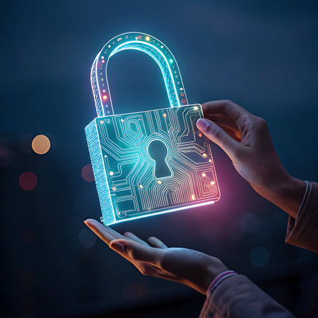 Hands hold a glowing digital padlock with a circuit board pattern, symbolizing digital security and protection.の素材