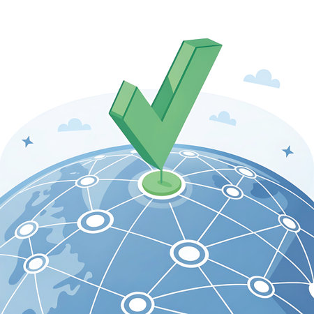 A green check mark is positioned on a simplified globe with a network of white lines and nodes, set against a light blue sky with clouds.の素材