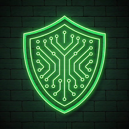 A detailed security shield emblem outlined in bright neon green, featuring complex digital circuit board patterns.の素材
