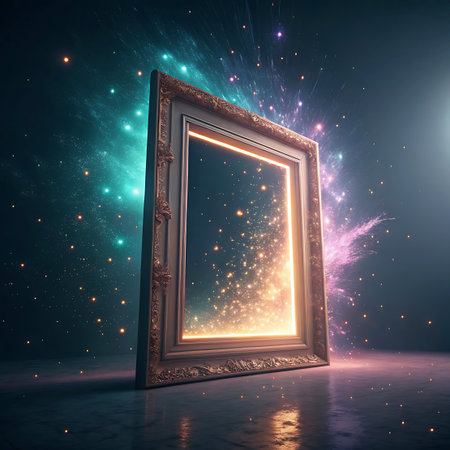 A large, illuminated rectangular frame with neon and digital effects, creating a futuristic, glowing portal.の素材