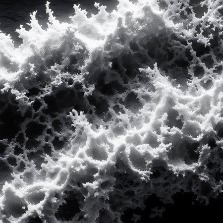An intricate organic white texture with a porous, cellular pattern set against a dark, shadowy background, creating high contrast.の素材
