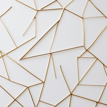Irregular gold wire geometric shapes are scattered across a white background, forming an abstract and artistic composition.の素材