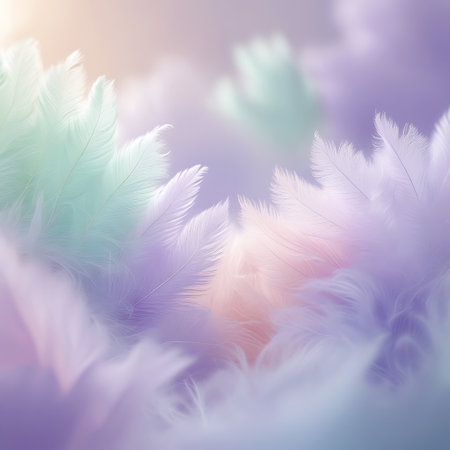 Delicate pastel feathers in soft focus float in a dreamy, ethereal haze of pink, purple, and mint green.の素材