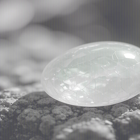 A translucent, cracked sphere resembling a bubble or orb rests on a rough, textured surface with soft bokeh in the background.の素材
