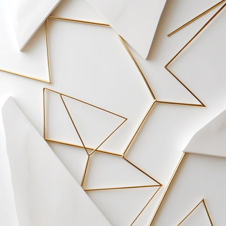 Gold geometric wireframes intersect with sharp white planes, creating a layered and abstract composition on a white background.の素材