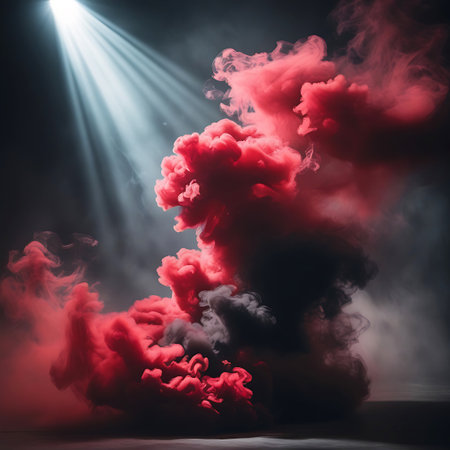 A vibrant red smoke cloud billows and swirls under a bright spotlight, casting a dramatic and moody atmosphere with dark undertones.の素材