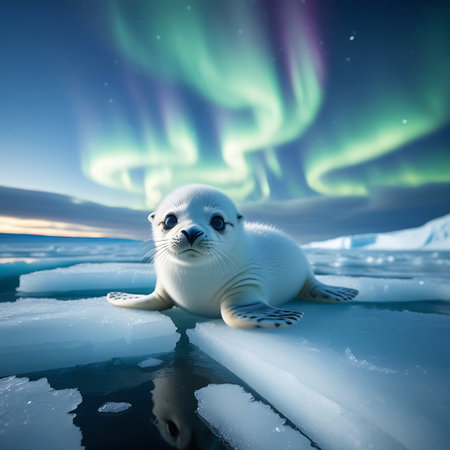 A small, white baby seal is positioned on a broken ice floe, with the spectacular green and purple hues of the Aurora Borealis painting the night sky.の素材