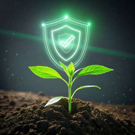 A vibrant green seedling emerges from dark soil, with a glowing shield icon symbolizing protection and growth above it.の素材