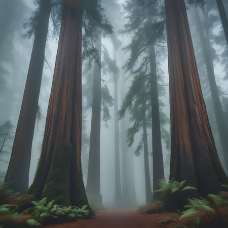 Towering redwood trees are enveloped in a dense fog, with moss and ferns growing on their ancient trunks.の素材