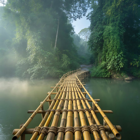 A long bamboo bridge stretches across a calm, green river, disappearing into a misty, lush forest with dense trees and foliage.の素材