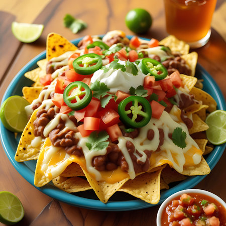 A vibrant blue plate filled with loaded nachos, featuring tortilla chips, beans, melted cheese, diced tomatoes, jalapenos, and sour cream.の素材