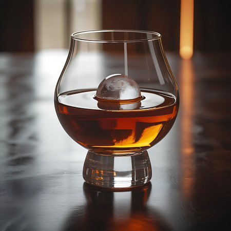 A clear brandy snifter containing amber colored liquid and a spherical ice cube, set against a dark, softly lit background.の素材