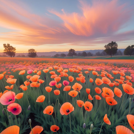 Close-up view of vibrant orange and pink poppies in a field, with a beautifully painted sunset sky and distant trees.の素材