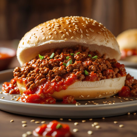 A close-up view of a sloppy joe sandwich on a sesame seed bun, with the meat and sauce spilling out onto a gray plate.の素材