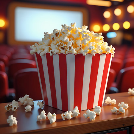 A close-up view of a red and white striped popcorn bucket in a movie theater, with spilled popcorn and blurred red seats in the background.の素材