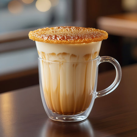 A double-walled glass mug filled with a creamy coffee drink featuring caramel swirls and a rim coated in brown sugar.の素材