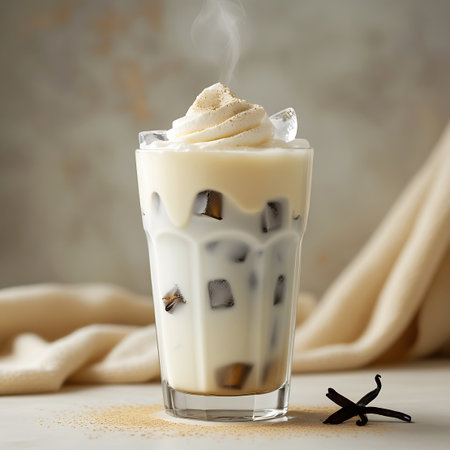 A tall glass of iced coffee topped with whipped cream, ice cubes, and a sprinkle of cinnamon. Clear details and vibrant colors enhance visual appeal.の素材