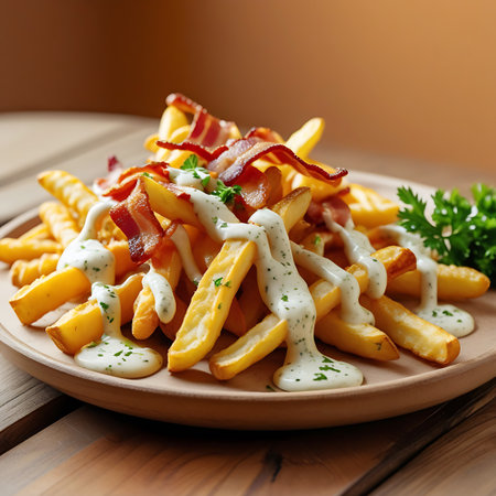 A close-up of golden french fries topped with crispy bacon and a creamy herb sauce, presented on a light plate on a wooden surface.の素材