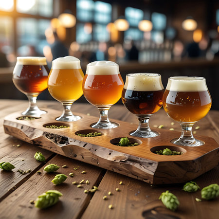 A selection of five different craft beers in glasses presented on a rustic wooden tasting flight board with hops and grains.の素材