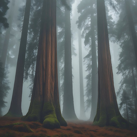 Giant redwood trees stand in a foggy forest, their bases adorned with moss, and a carpet of red forest floor beneath them.の素材