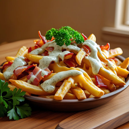 A close-up view of a bowl of loaded french fries, featuring crispy fries, melted cheese, bacon pieces, and a drizzle of creamy sauce with fresh parsley.の素材