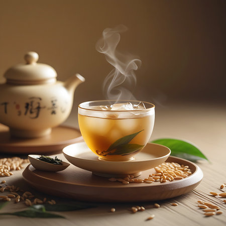 Wheat showing glass cup of iced tea with leaves and wheat grains beside a teapot. High resolution image suitable for commercial use.の素材