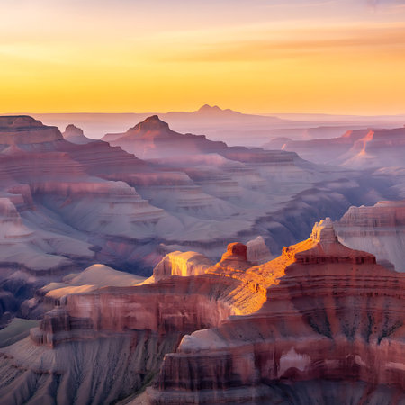 The layered rock formations of the Grand Canyon are bathed in the warm, golden light of sunrise, creating dramatic shadows and vibrant colors across the vast landscape.の素材