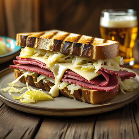 A close-up shot of a classic Reuben sandwich with melted cheese and sauerkraut, accompanied by a glass of beer on a wooden table.の素材
