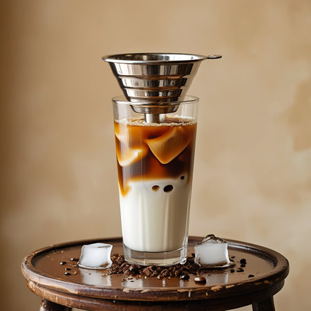 A tall glass of iced coffee with layers of milk and coffee, ice cubes, and a metal filter on top, set on a wooden surface.の素材