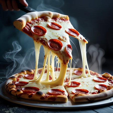 A hand holds a slice of pepperoni pizza, its melted cheese stretching and dripping, with steam rising from the hot food.の素材