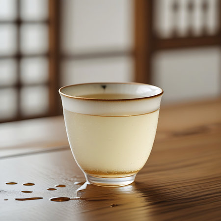 A traditional Japanese sake cup, with a gold rim, filled with a clear liquid rests on a wooden table.の素材
