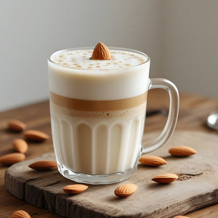 Drink showing layered almond coffee drink in a mug with almond garnish. High resolution image suitable for commercial use.の素材