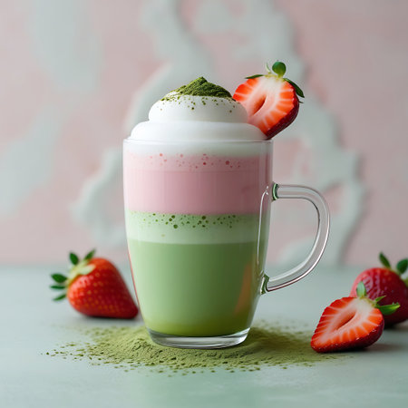 A layered strawberry matcha latte in a clear glass mug, topped with whipped cream, matcha powder, and fresh strawberry slices.の素材